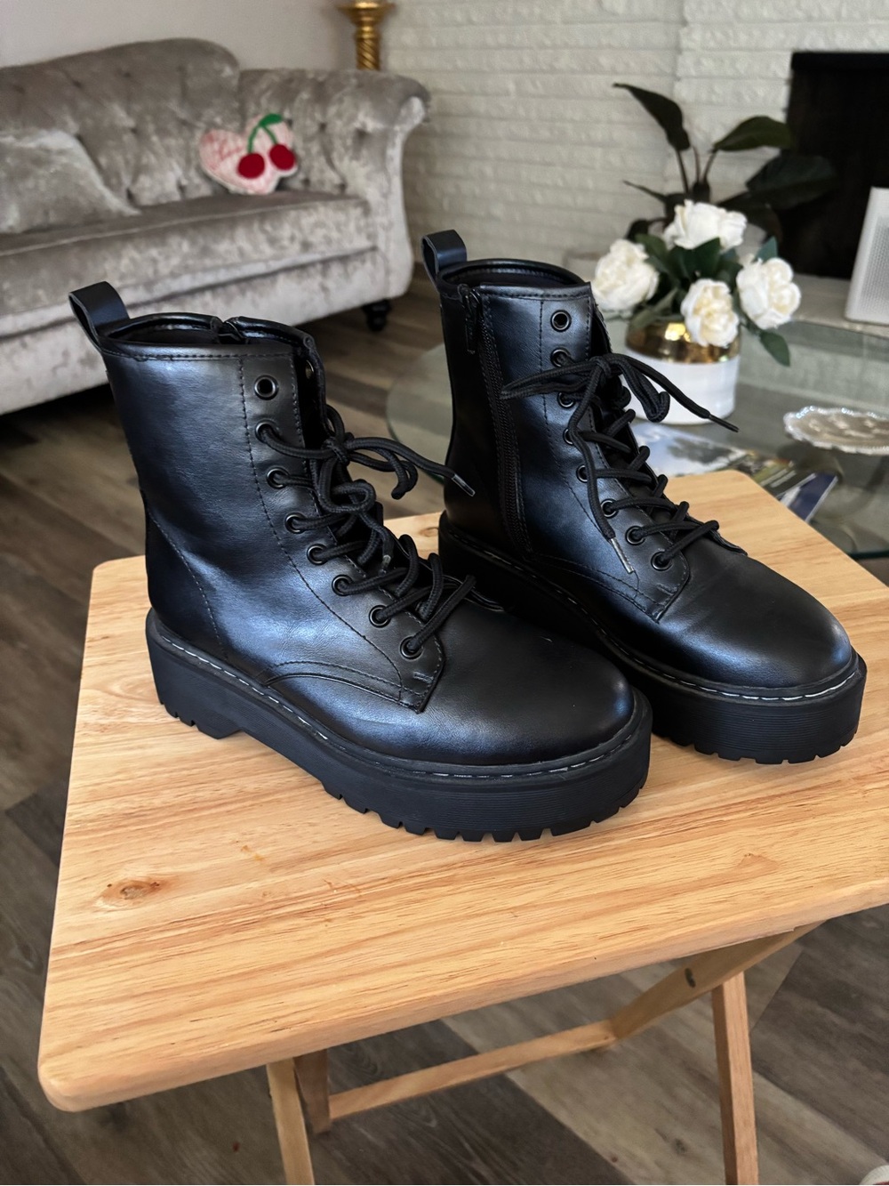 A New Day  Black Lace-Up Platform Combat Boots